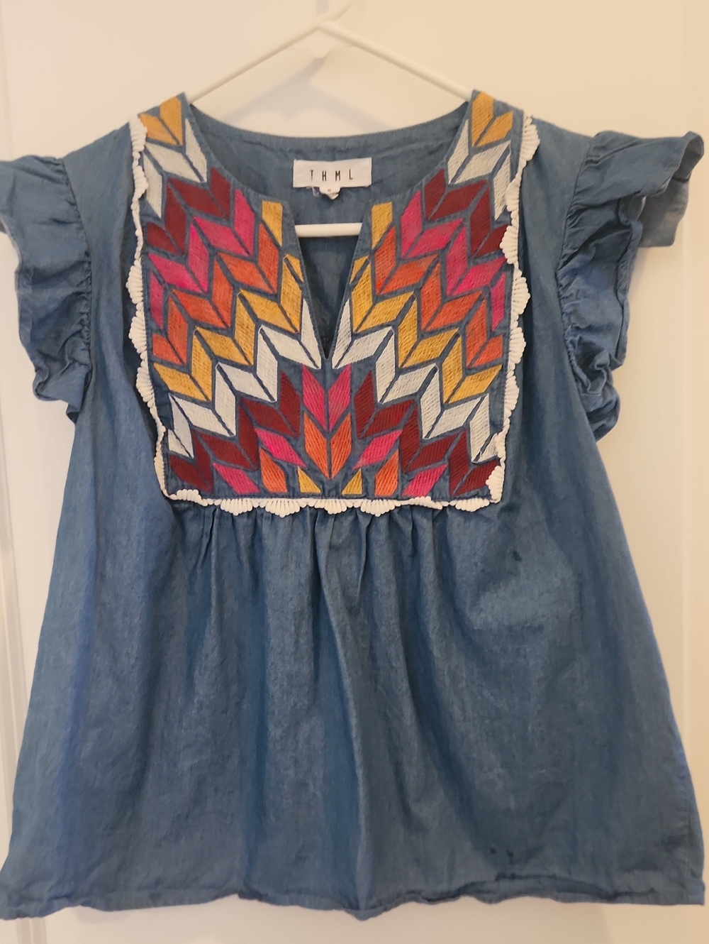THML Denim Blue Short Sleeve Top with Colorful Embroidery Anthropologie